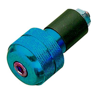 Round bar end weights in blue, made of metal with a textured grip, featuring a central hexagonal screw for attachment, designed for 18 mm handlebars.
