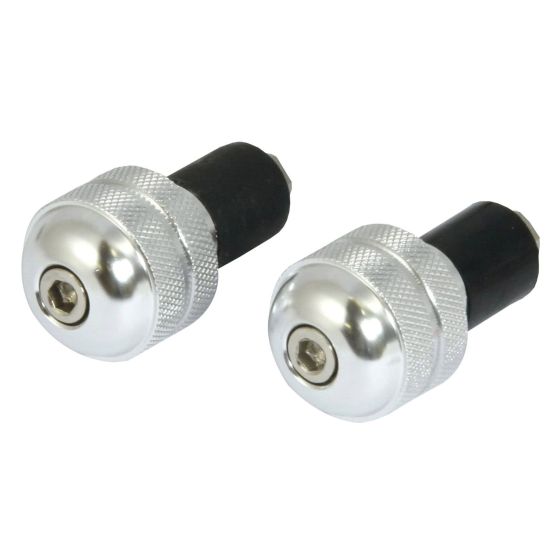 Chrome round bar end weights with a textured grip and a central screw hole, designed for 13 MM handlebars, featuring a shiny metallic finish.