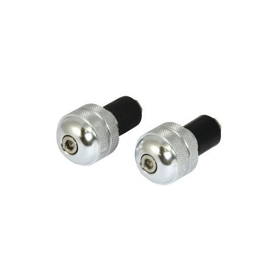 Chrome round bar end weights with a knurled grip, designed for 18 mm handlebars, featuring a black insert and a central screw for secure attachment.