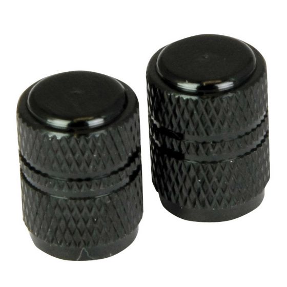 Two round valve caps in a glossy blue finish, made of durable plastic with a textured grip for easy handling, designed for bicycle tire valves.