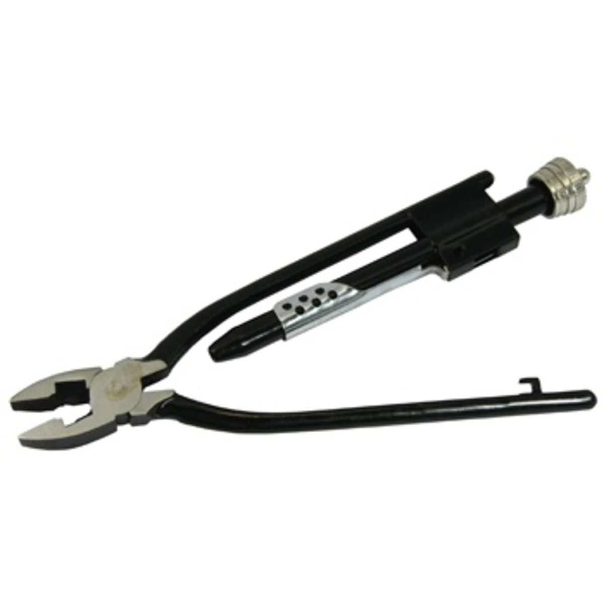 Black 9-inch wire pliers with a shiny metal head, featuring a gripping jaw and a spring-loaded handle for easy use, designed for safety lock applications.