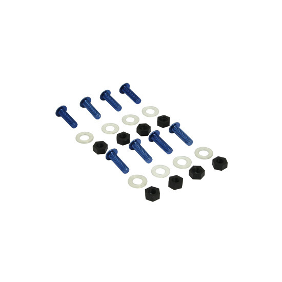 Black screen fitting bolts with blue heads, accompanied by black hex nuts and silver washers, arranged neatly in two rows, totaling eight pieces.