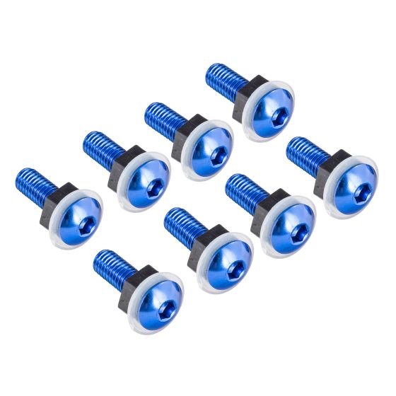 Eight blue screen fitting bolts with a shiny metallic finish and black rubber washers, designed for secure attachment in bike applications.