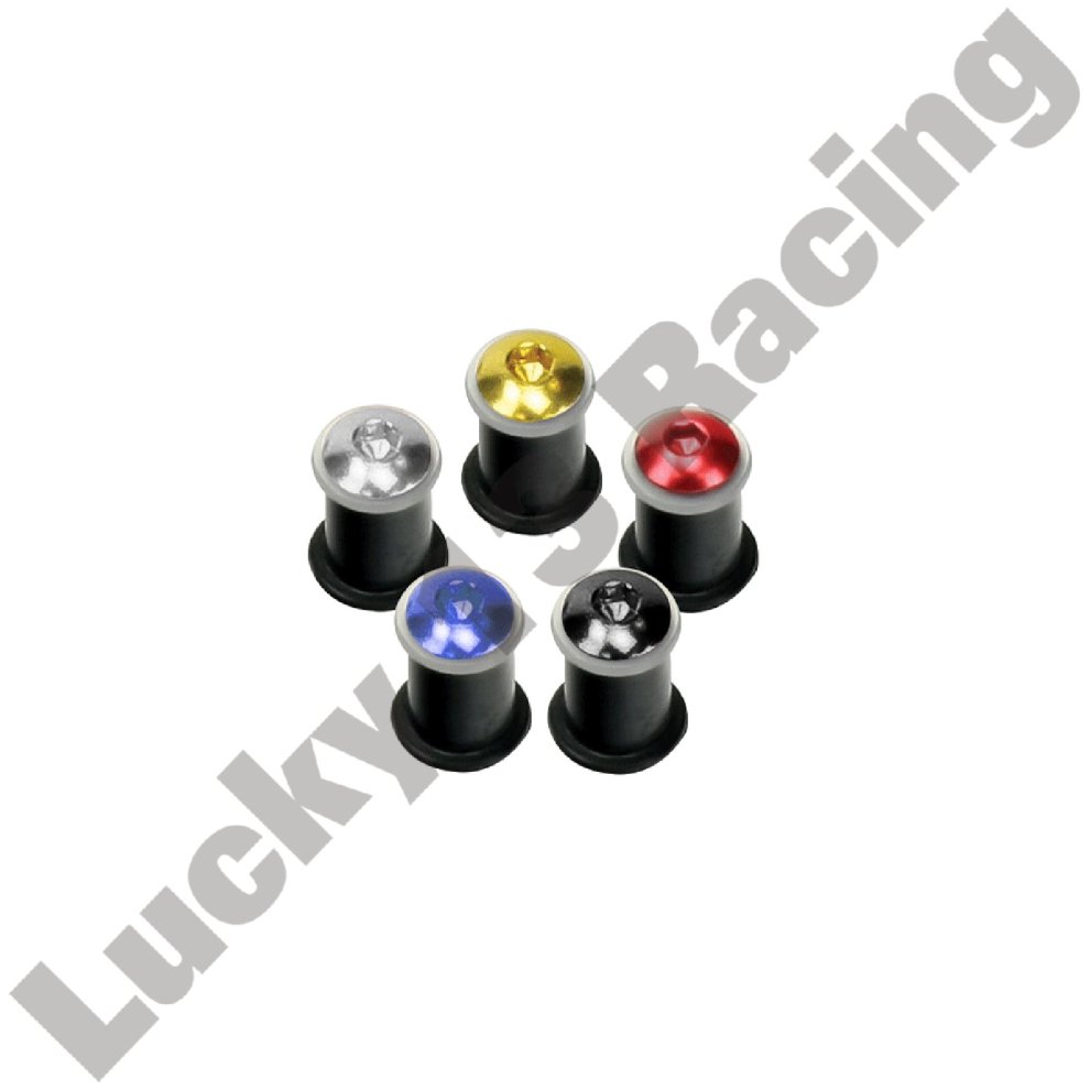 Chrome bike fairing bolts in M5 x 16mm size, featuring a set of eight pieces with various colored tops: silver, gold, blue, red, and black bases.