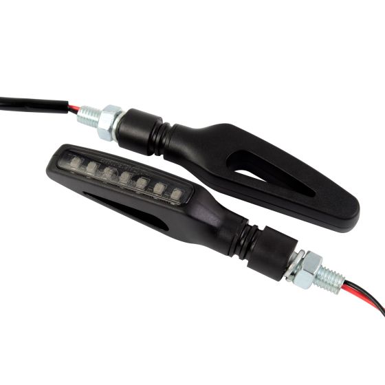 Sequential LED pulsar indicators feature a sleek black plastic body with a narrow design, showcasing multiple LED lights for enhanced visibility and signaling.