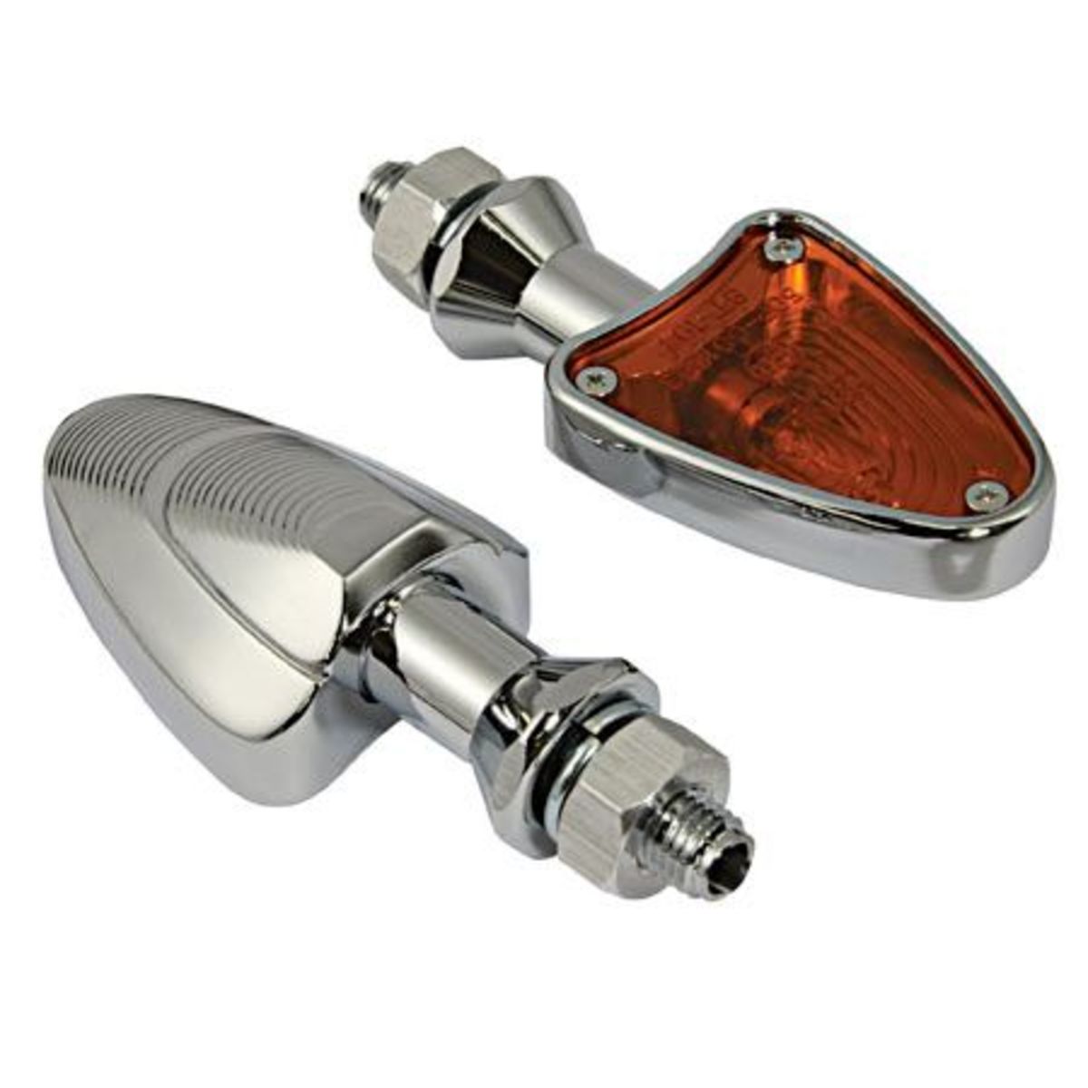 Shark head-shaped bike indicators with a shiny alloy body and amber lens, featuring a sleek design and ribbed detailing on the lens for enhanced visibility.