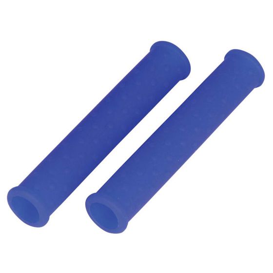 Blue silicone lever sleeves with a textured surface for grip, designed to protect bike levers, featuring a smooth finish and a cylindrical shape.