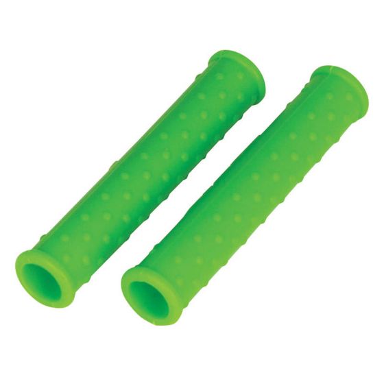 Bright green silicone lever sleeves with a textured, dotted surface for enhanced grip, designed for bike levers, featuring a smooth finish and flexible material.