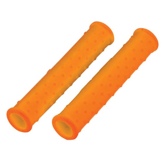 Bright orange silicone lever sleeves with a textured surface for enhanced grip, designed to protect bike levers.