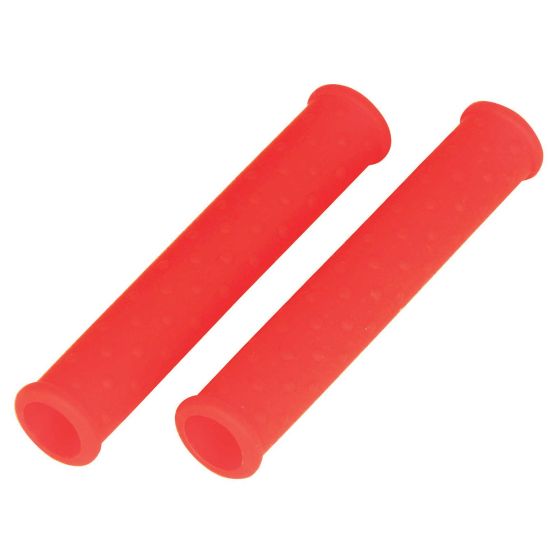 Red silicone lever sleeves with a textured surface for grip, designed to protect bike levers, featuring a cylindrical shape and open ends.