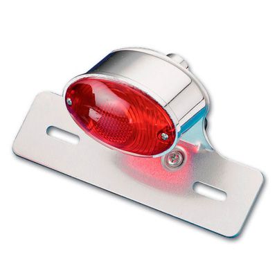 Red rear light with a chrome casing, mounted on a silver metal bracket, designed for universal fit on bicycles, featuring a clear lens for visibility.