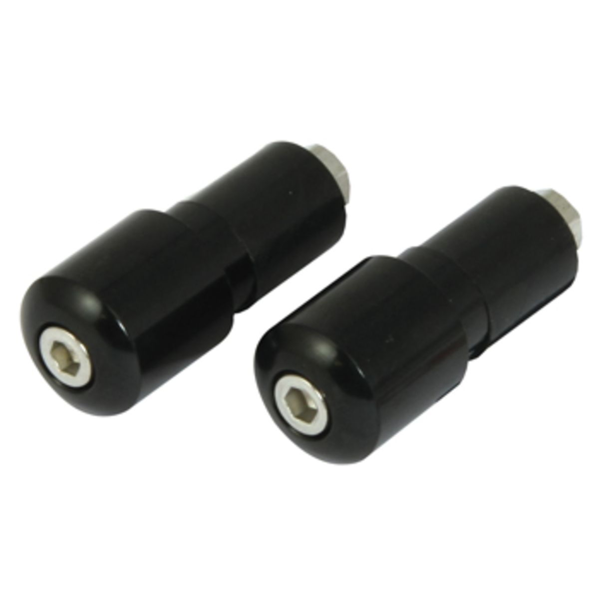 Black aluminum handlebar slim bar end weights with a smooth finish and hex screw detail, designed to reduce vibrations on bikes.