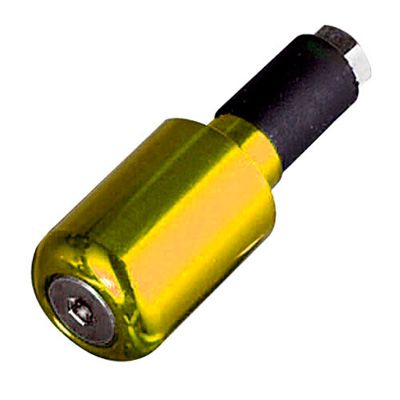 Gold anodized aluminum handlebar end weight with a slim design, featuring a black rubber insert and a hex screw for secure attachment, measuring 13 mm in diameter.
