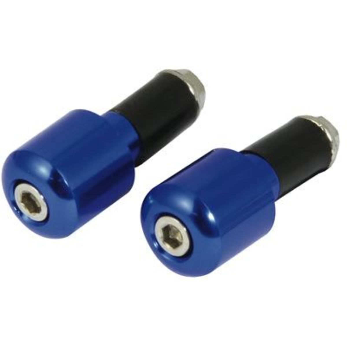 Blue aluminum handlebar bar end weights with a slim design, featuring a black rubber insert and hexagonal socket for easy installation, suitable for 18 mm handlebars.