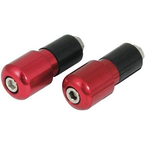 Red and black aluminum handlebar end weights with a slim design, featuring a hexagonal recess for easy installation, ideal for reducing vibrations on bikes.