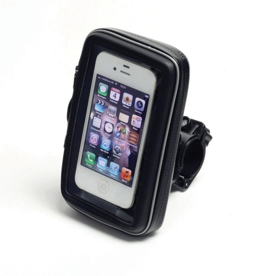Black mounted smartphone holder for handlebars, featuring a transparent front for screen visibility, designed for devices up to 13.5 x 8 cm, with a sturdy clamp attachment.