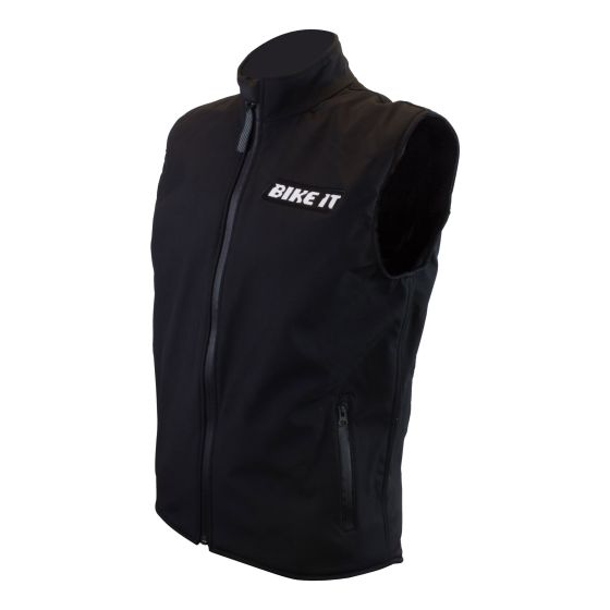 Black softshell gilet by Bike-It in large size, featuring a high collar, zippered front, and side pockets, designed for comfort and warmth during outdoor activities.