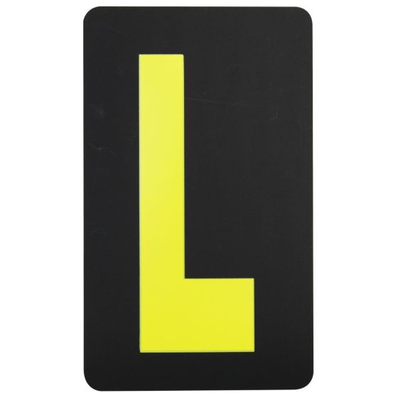 Yellow "L" letter on a black background, made from durable material, designed for use on pitboards, ideal for motorsport events.