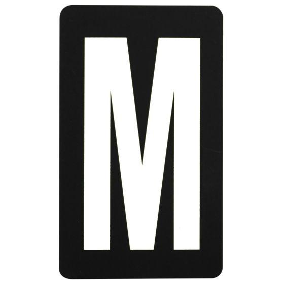 Black pitboard letter "M" in a bold, white font, made of durable material, designed for easy visibility in racing environments.