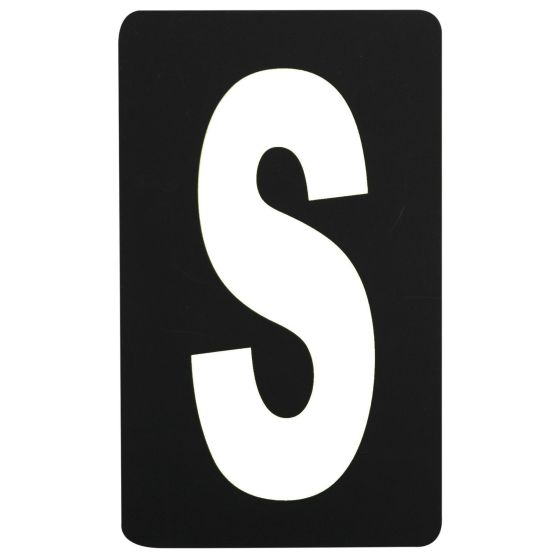 Black pitboard letter featuring a large white "S," made of durable material, designed for visibility in motorsport settings.