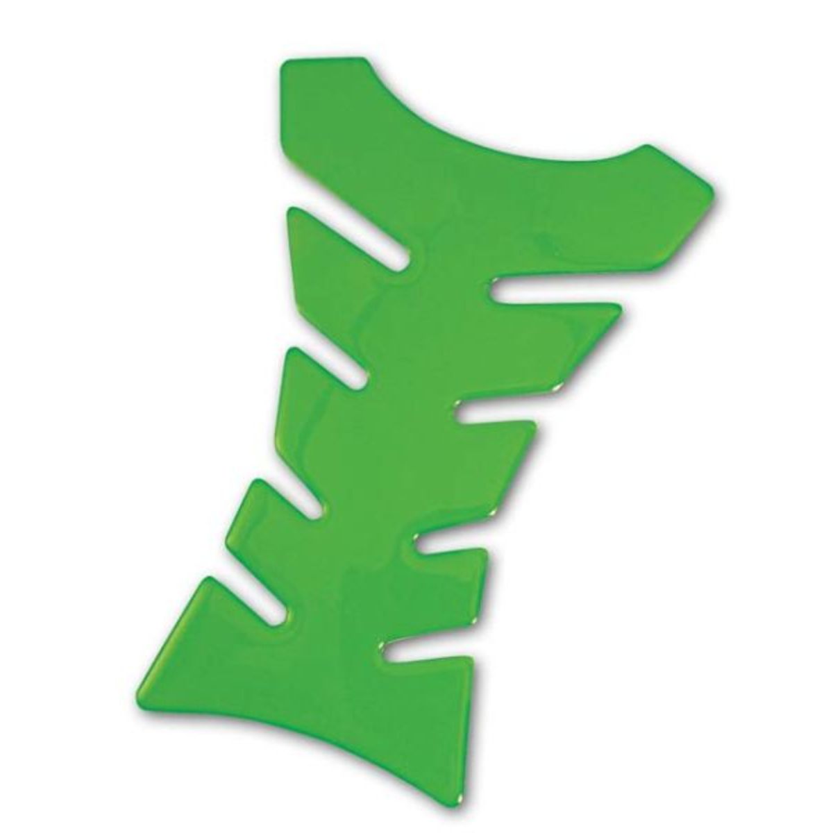 Bright green, glossy spine tank pad with a unique, angular design featuring multiple cutouts for enhanced grip and style, made from durable material for motorcycle use.