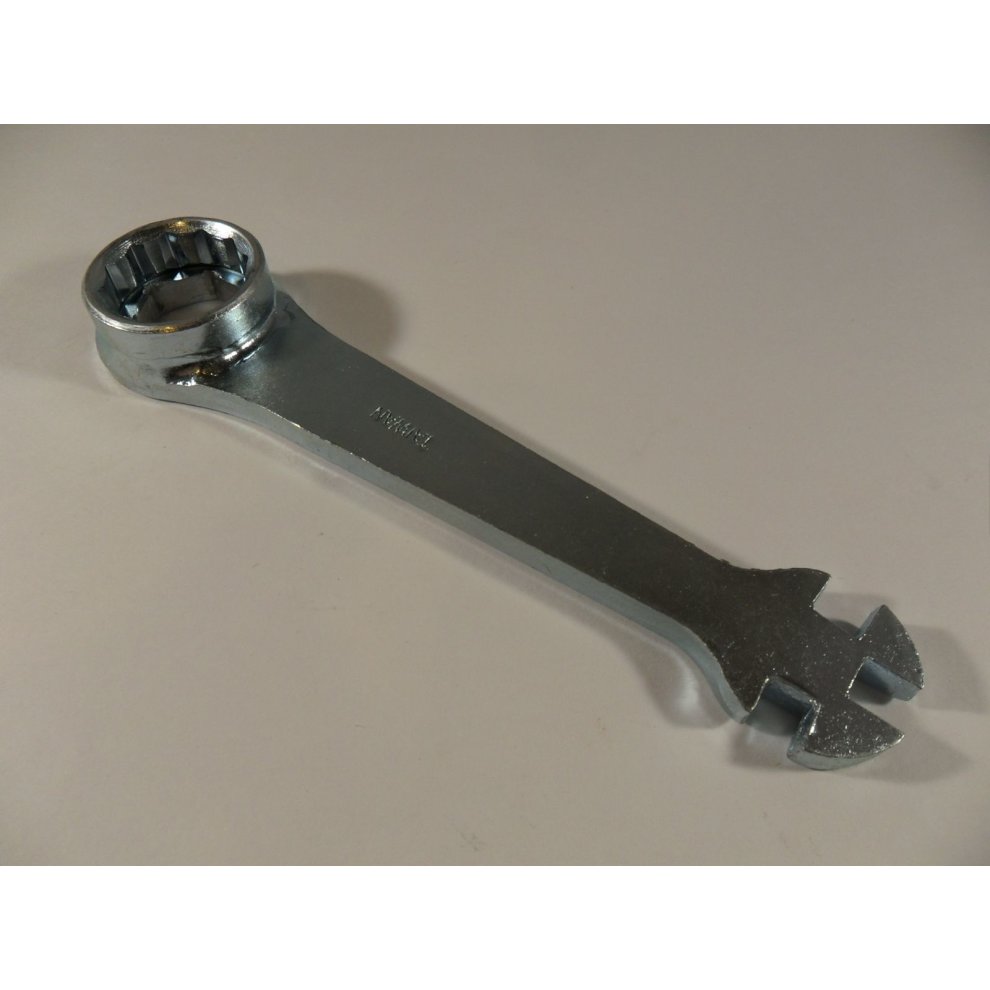Silver metal bike wrench featuring a socket end for spark plugs and a spoke wrench at the opposite end, designed for bicycle maintenance.