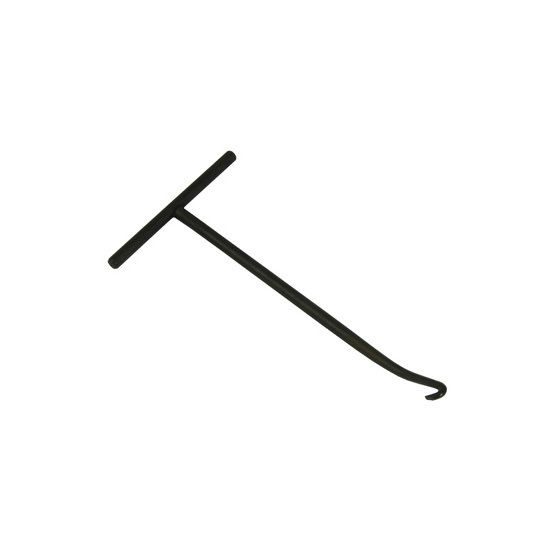 Black metal spring hook tool with a T-shaped handle and a curved hook at the end, measuring 16 cm in reach, designed for bike maintenance.