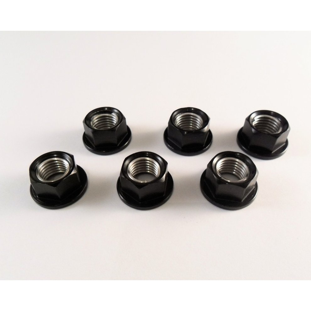 Five black 10mm sprocket nuts with a shiny metallic inner thread, featuring a hexagonal shape and a smooth finish, arranged on a white background.