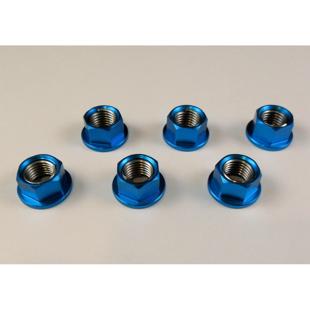 Six blue alloy sprocket cush drive nuts with M10x1.25 threading, featuring a hexagonal shape and smooth finish, arranged in two rows on a light background.