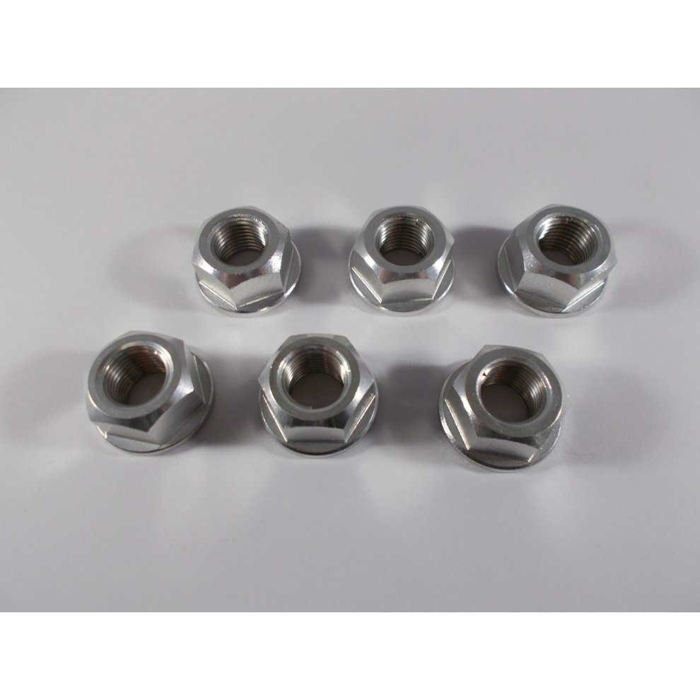 Six silver alloy sprocket cush drive nuts, featuring a hexagonal shape and M12x1.25 threading, arranged neatly on a white background.