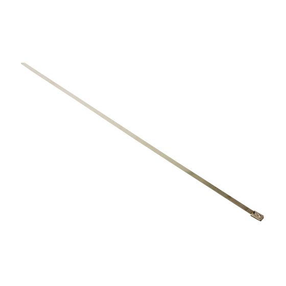 Stainless steel cable for exhaust wrap tape, featuring a sleek, metallic finish and a flat, elongated design with a looped end for secure attachment.