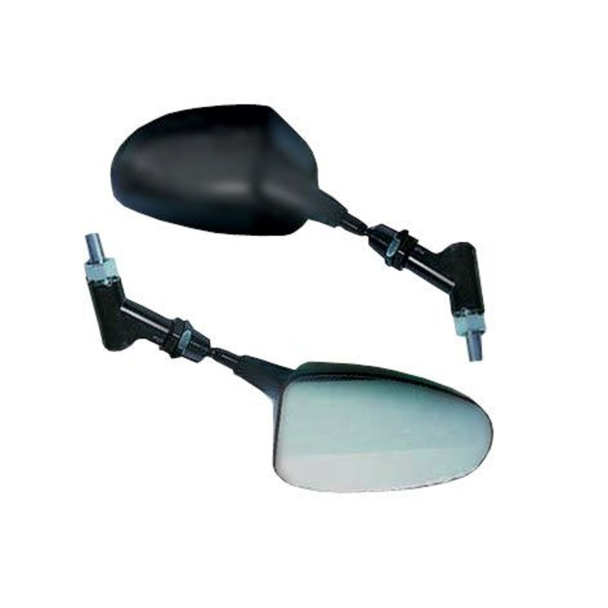 Black handlebar mirrors with a sleek design, featuring a 10mm threaded attachment, adjustable arms, and a reflective surface for enhanced visibility.