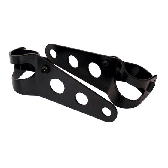 Black metal headlight brackets featuring multiple holes for adjustable mounting, designed to fit bike handlebars with a diameter of 30-38 mm.