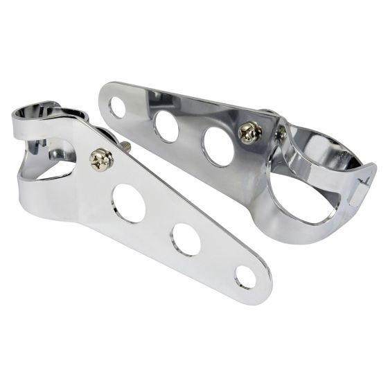 Chrome headlight brackets by Bike-It, designed for 30-38 mm fittings, featuring a sleek, shiny finish with multiple holes for adjustable mounting.