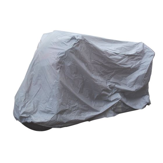 Grey medium rain cover for motorcycles, made from durable material, designed to fit bikes up to 600cc, providing protection from rain and weather elements.