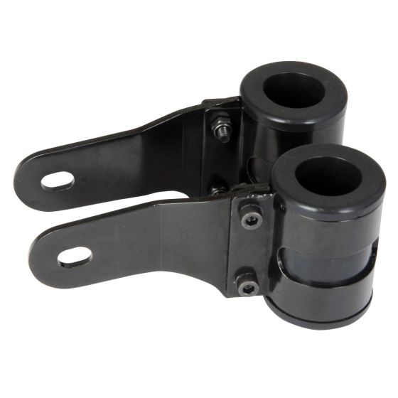 Black metal motorcycle headlight bracket with a universal fit for 54-57mm, featuring two cylindrical mounts and adjustable arms for secure installation.