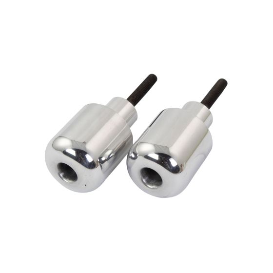 Chrome handlebar bar end weights with a stepped design, featuring a smooth, shiny surface and threaded ends for mounting, suitable for Suzuki SV 650 and GSXR 1000 motorcycles.