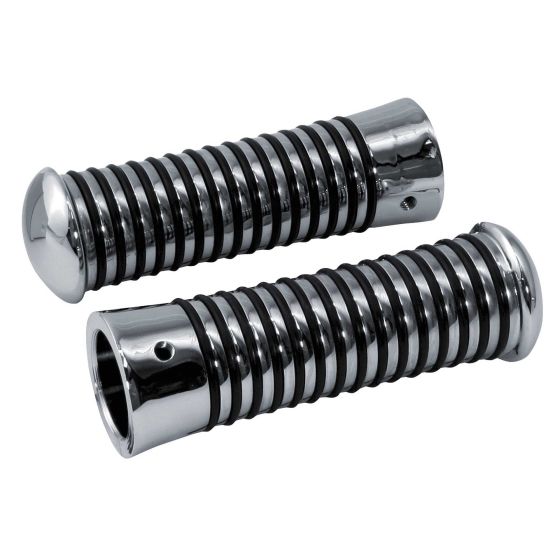 Chrome handlebar grips featuring a ribbed design with a shiny finish, measuring 22 mm for the left and 25 mm for the right, ideal for enhancing bike aesthetics and grip.