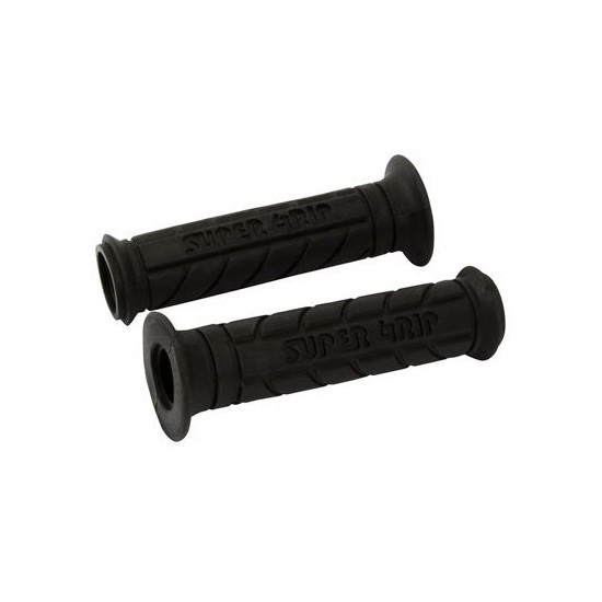 Black rubber handlebar grips with an open end, featuring a textured surface for enhanced grip and embossed "SUPER GRIP" branding, designed for 22mm (7/8") handlebars.