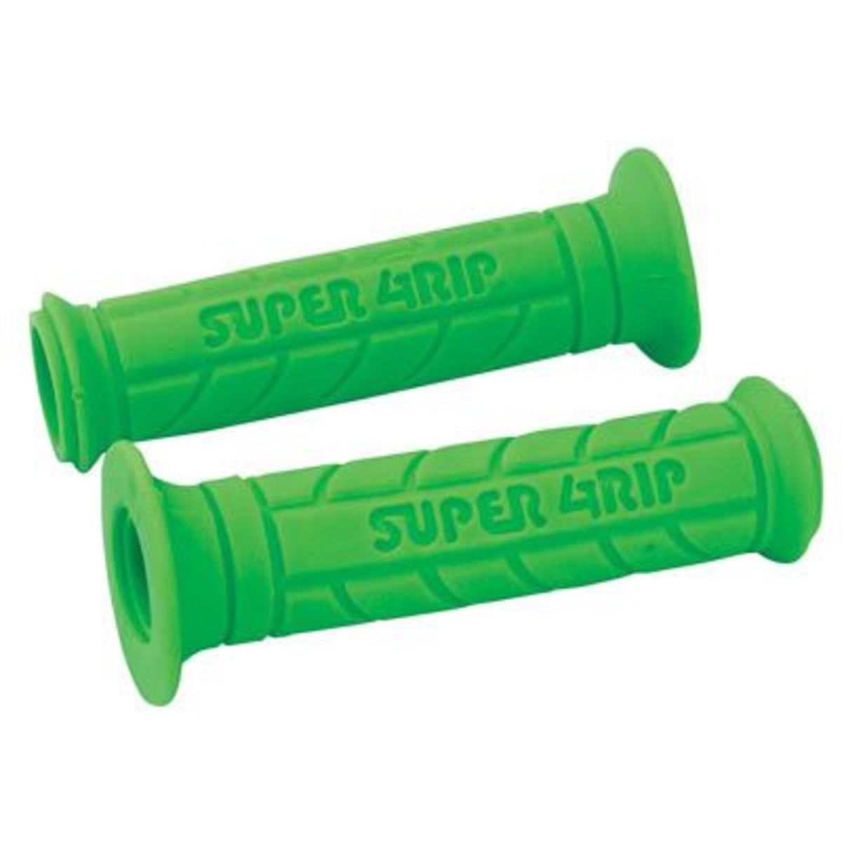 Bright green rubber bike grips with textured surface and "SUPER GRIP" embossed, measuring 20 mm x 25 mm, designed for enhanced grip and comfort.
