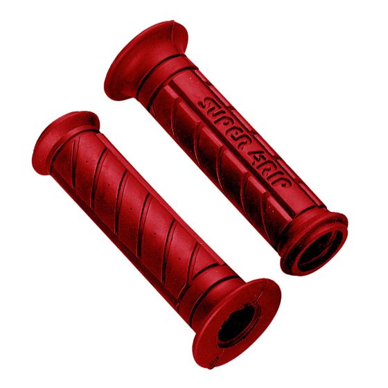 Red rubber bike grips with a textured surface and flared ends, measuring 20 mm x 25 mm, featuring the "SuperGrips" logo for enhanced grip and comfort.