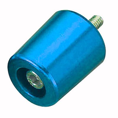 Blue alloy handlebar bar end weight with a cylindrical shape, featuring a threaded bolt at the top and a hollow center, designed for Suzuki motorcycles.