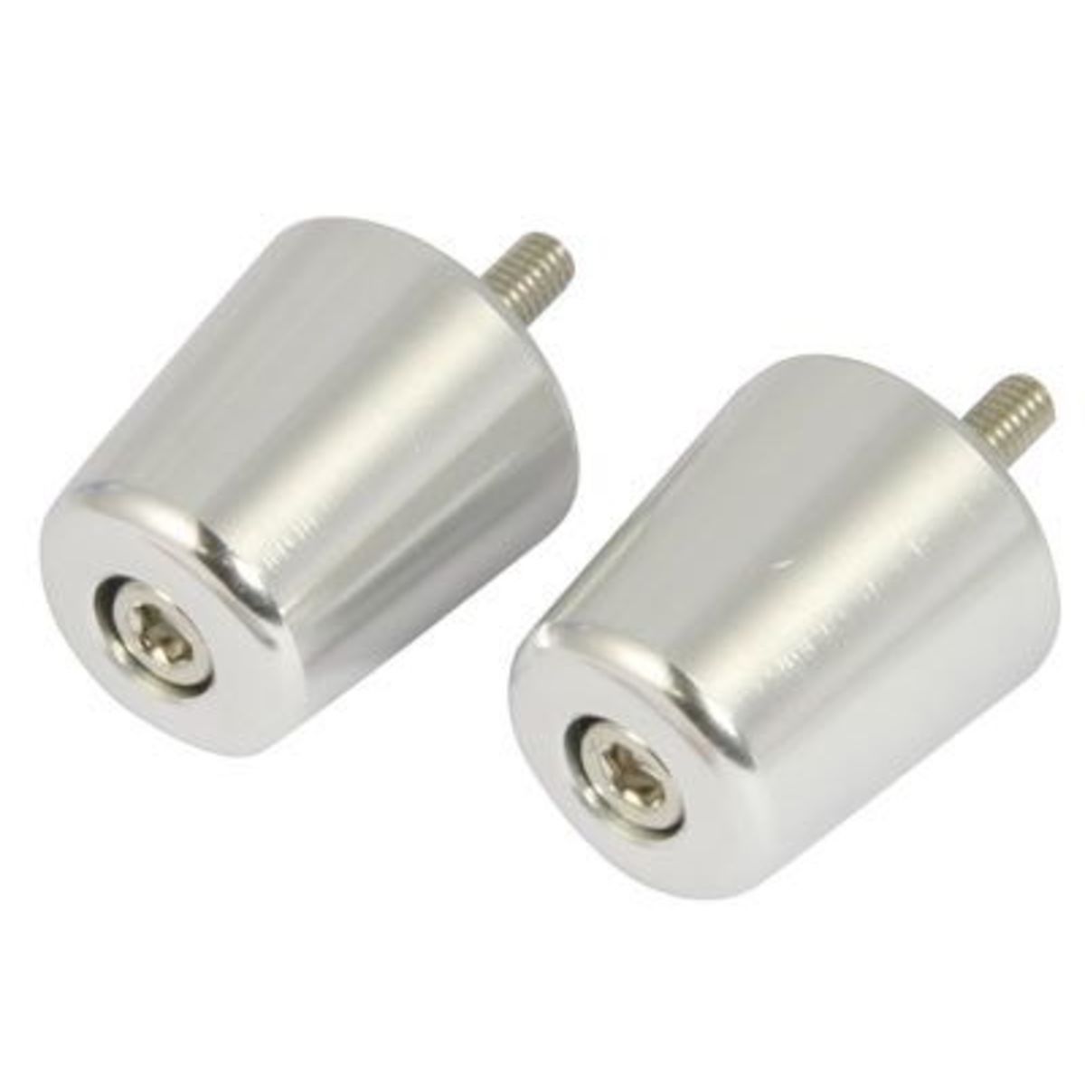 Silver alloy handlebar bar end weights with a conical shape, featuring a threaded screw for attachment, designed for Suzuki GSXR motorcycles.