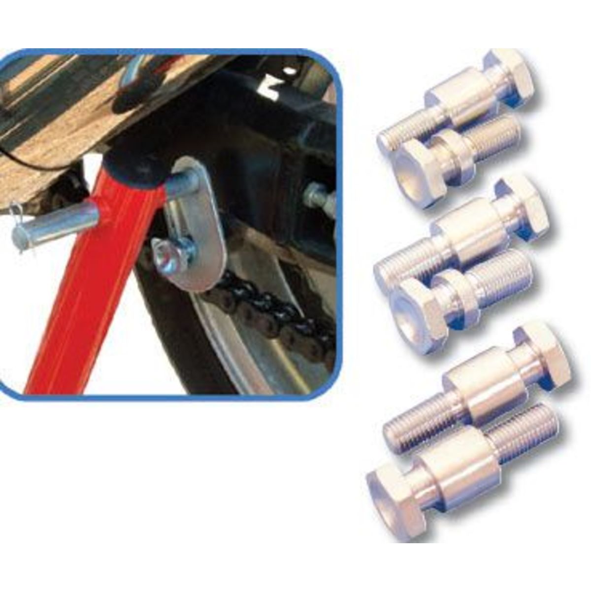 Alloy bobbins in silver for Kawasaki, featuring a 1.25 pitch and 12mm size, designed for use with a paddock stand, shown alongside installation hardware.
