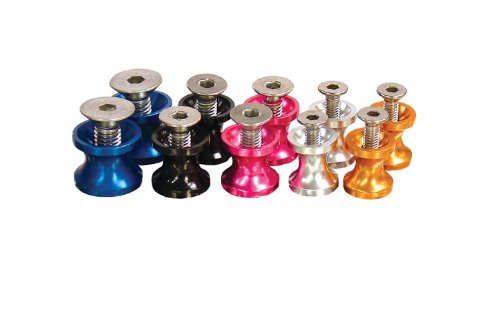 Blue aluminum motorcycle paddock stand bobbins with a shiny finish, featuring a central hex screw and available in various colors including black, pink, silver, and orange.