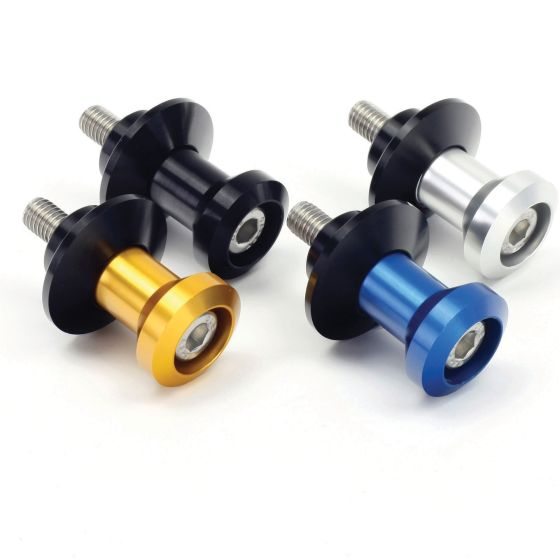 Bike-It Swingarm Spool Pairs in silver, featuring an 8mm screw, with a sleek, metallic finish and a rounded design for easy installation on motorcycles.