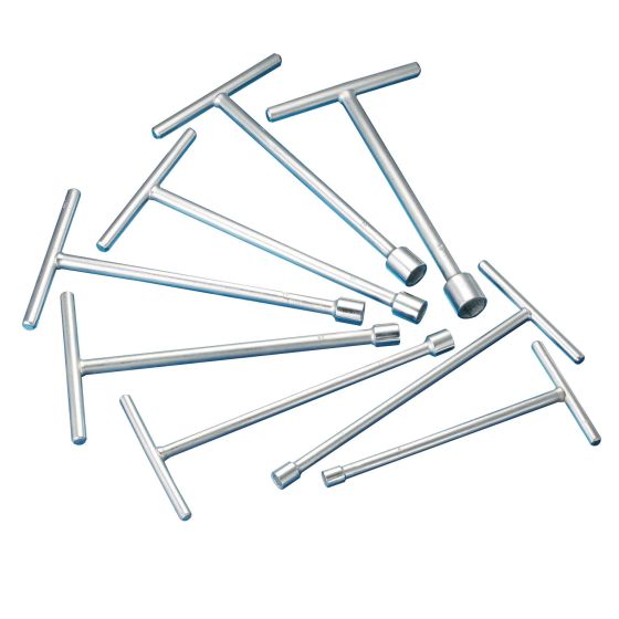 A set of chrome T-spanners in various sizes, featuring a polished metallic finish and T-shaped handles for easy grip, ideal for bike maintenance.