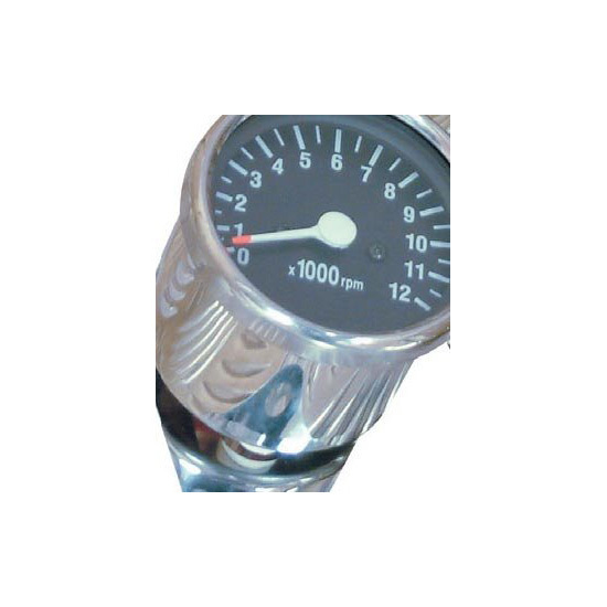 Chrome mini tachometer with a black face, white markings, and a needle indicator, designed for Honda, Yamaha, and Suzuki motorcycles, featuring a 1:4 ratio.
