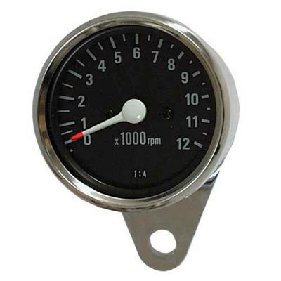 Chrome mini tachometer with a black face, white markings, and a red needle, featuring a 1:5 ratio for Kawasaki motorcycles.
