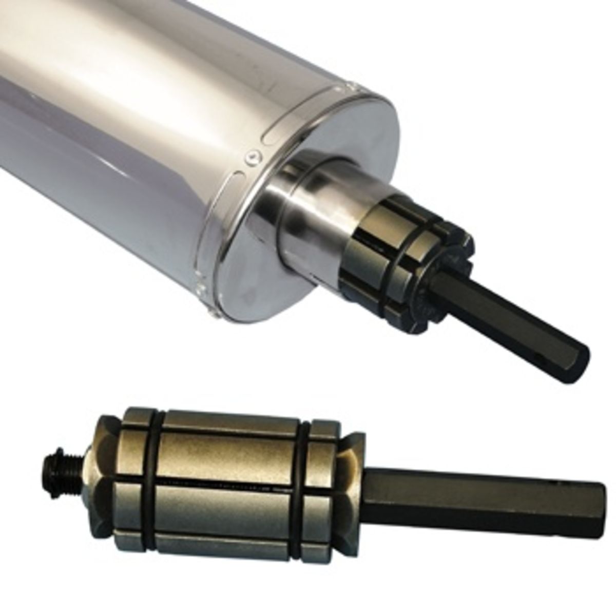 Silver metal tailpipe expander with a cylindrical shape, featuring a black handle and grooves for grip, designed to fit various exhaust sizes.